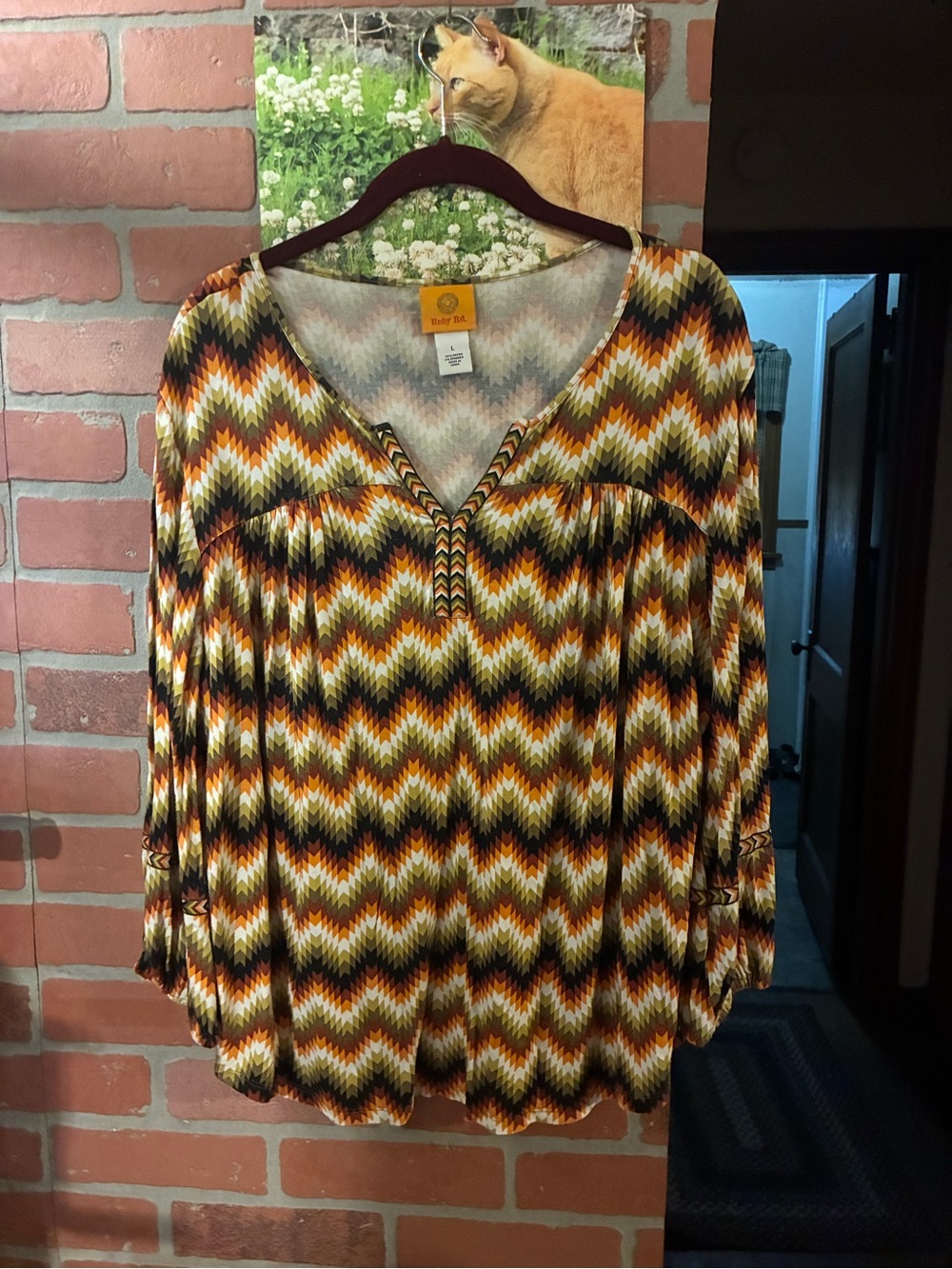 Ruby Rd. Chevron V-Neck Tunic in Mustard, Brown, Black & Cream